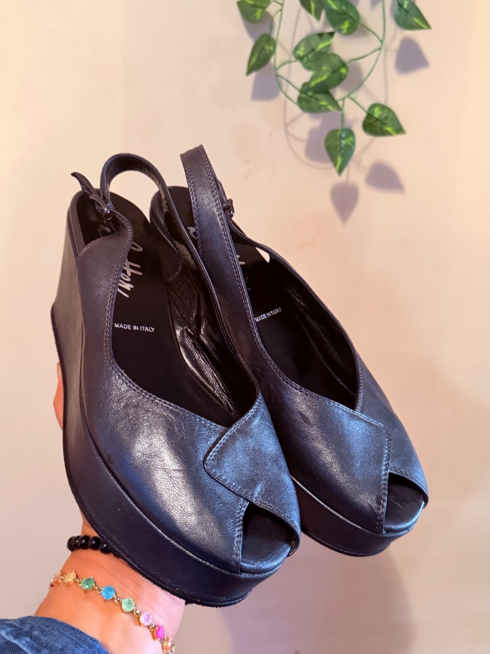 BUTTER MADE IN ITALY  dark grey Peep-Toe Slingback Wedge Sandals